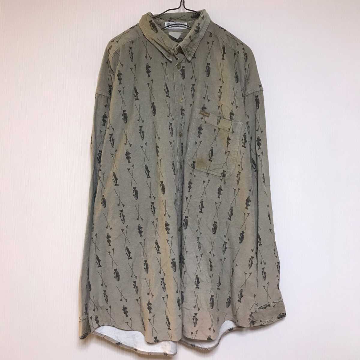 Columbia コロンビア ネルシャツ 長袖シャツ 魚柄 釣り フィッシュ ベージュ拍卖
