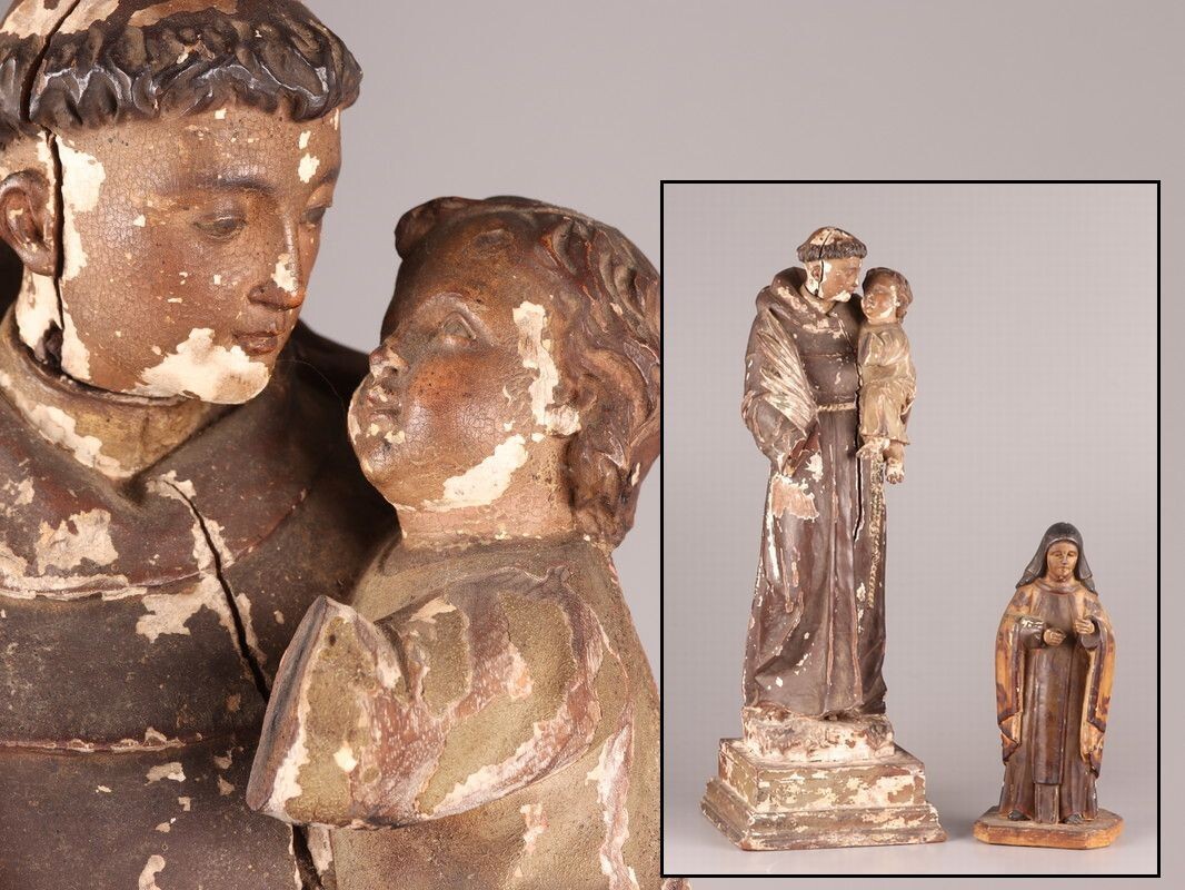 西洋美術 仏教美術 時代彩色木彫 玉眼入 江戸期 キリスト像 キリシタン 置物 二点 時代物 極上品 初だし品 D1907拍卖