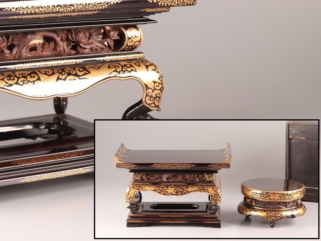 古美術 仏教美術 木製漆塗 金蒔絵 経机 台 二点 時代物 極上品 初だし品 D1955拍卖