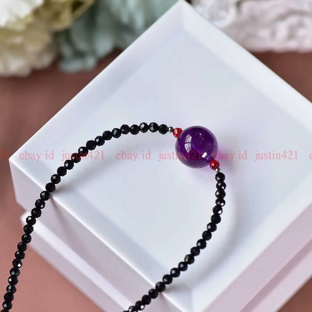アメジスト ネックレス 首飾り 2週間以上かかります。天然の3mmブラックスピネル球体ジェムストーン&パープルアメジスト18インチAAA ++拍卖