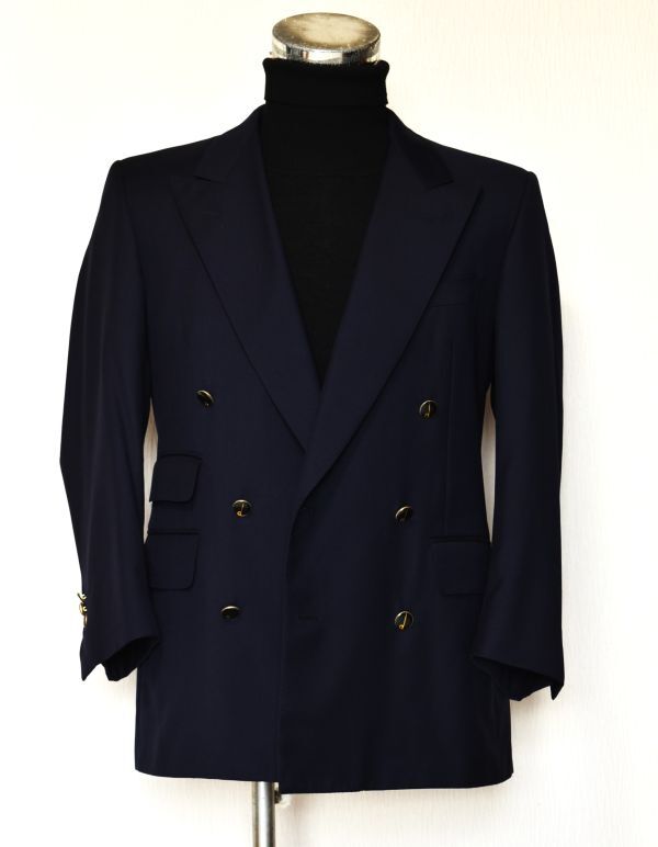 ★圧巻★DUNHILL★ダンヒル★イタリー★高級ピークドラペル★メタルDロゴ入紺ブレ★本切羽★シルエット良#ネイビー6釦ダブルジャケット46SM拍卖