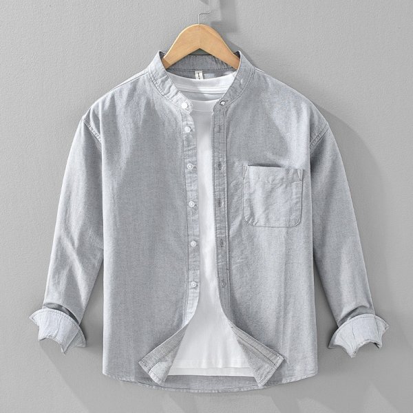 新品★未使用 長袖シャツ メンズ シャツ コットンシャツ 開襟シャツ 立ち襟 ヴィンテージ トップス【2453】グレー【M-3XL選択】拍卖