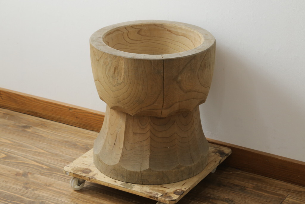 R-076669 和製アンティーク 総欅(ケヤキ)材 美しい杢目が魅力的な臼(ウス、うす、ディスプレイ、DIY、古道具)(R-076669)拍卖