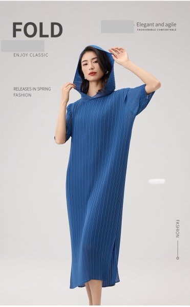 2503レディーストップスプリーツpleats半袖ワンピース弾力が肌触りドレープ性がいいシンプル大人可愛いフード付きブルー系拍卖