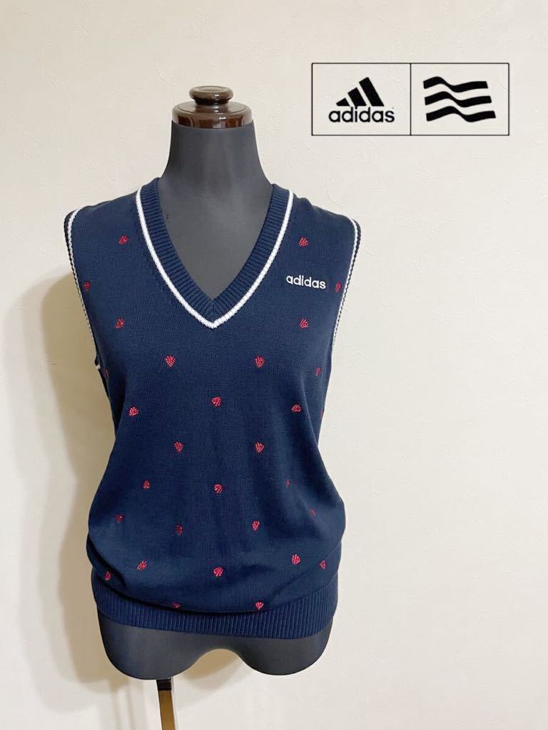 【良品】 adidas Taylor Made golf アディダス テーラーメイド ゴルフ レディース Vネック ニット ベスト トップス サイズL ネイビー 総柄拍卖
