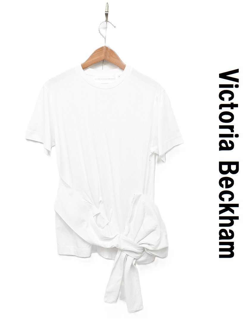 F437/Victoria Beckham ヴィクトリアベッカム 半袖Tシャツ カットソー リボン 変形 ギャザー クルーネック S 白拍卖