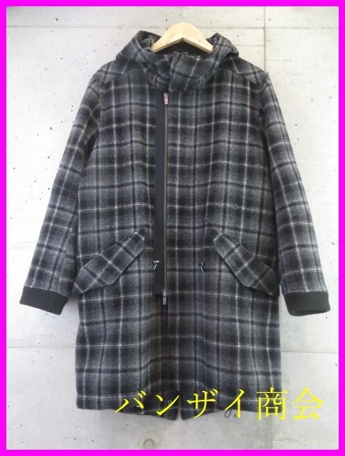 002c202◆良品◆日本製◆LANVIN en Bleu ランバン オンブルー チェック柄 フーディ ウールコート 48/パーカー/ジャケット/シャツ/ニット 拍卖