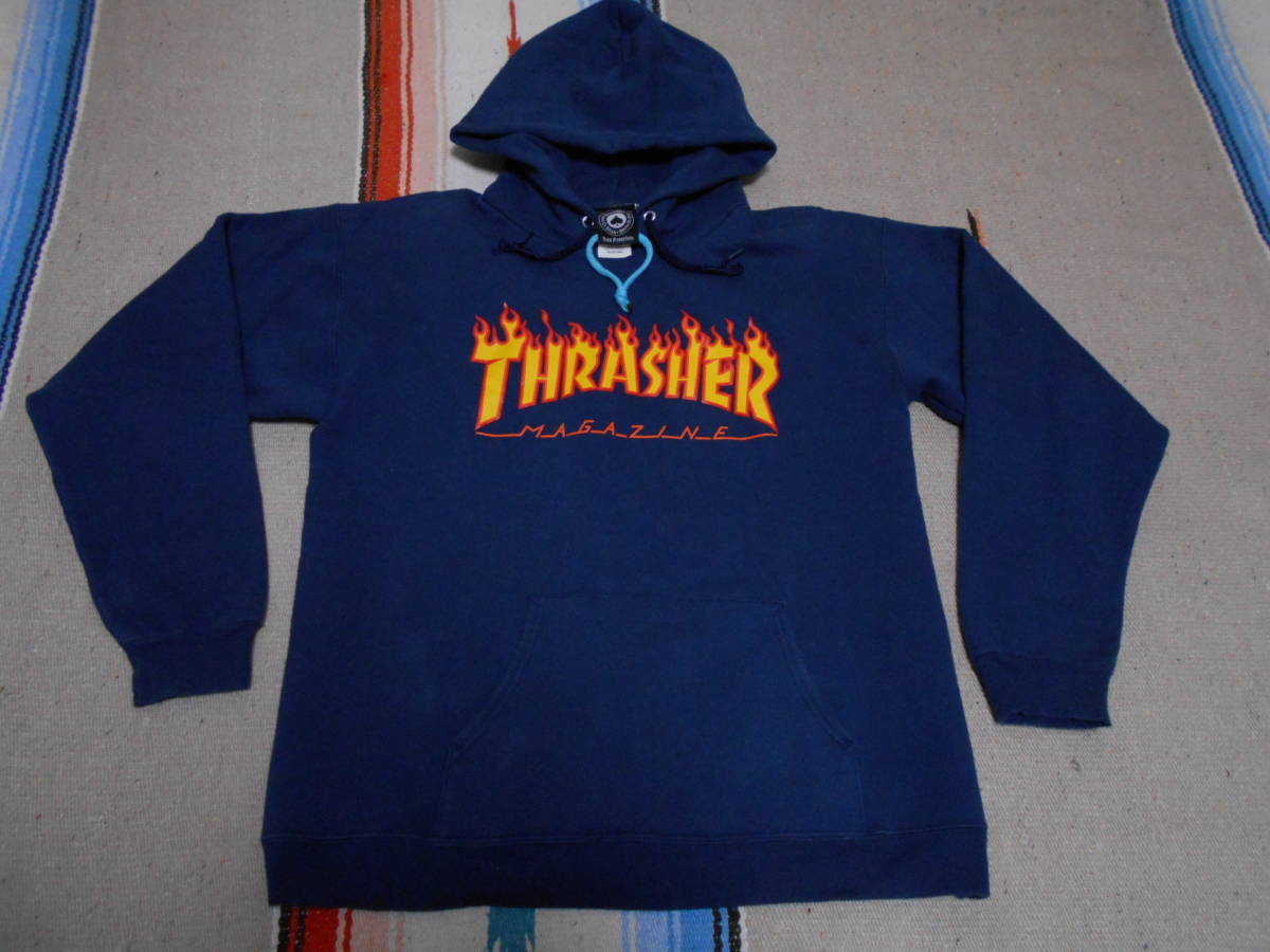 THRASHER MAGAZINE スラッシャー 正規品 コットン90% スウェット パーカー 紺 S ネイビー オールドスケート ファイヤーパターンSKATEBOARD拍卖