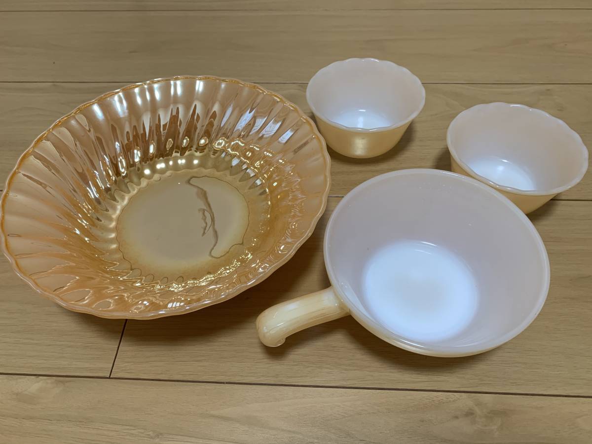 FIRE KING ピーチラスター★プレート、ミルクグラスワンハンド、カップ4点セット拍卖