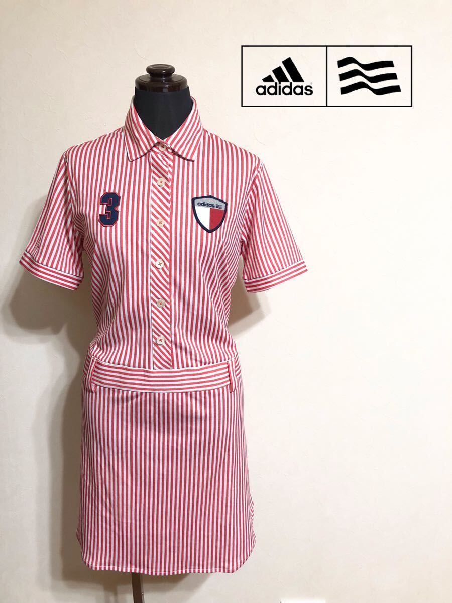 【美品】 adidas Taylor Made golf アディダス テーラーメイド ゴルフ ウェア レディース ワンピース サイズL 半袖 赤白 ストライプ N56419拍卖
