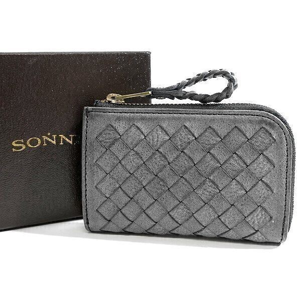□SONNE ゾンネ SIBILLA ベジタブルタンニンレザー ロウ引き 牛革 メッシュ L字ジップ 小銭入れ マルチケース SOM004 BLK ▲008▼bus024so拍卖
