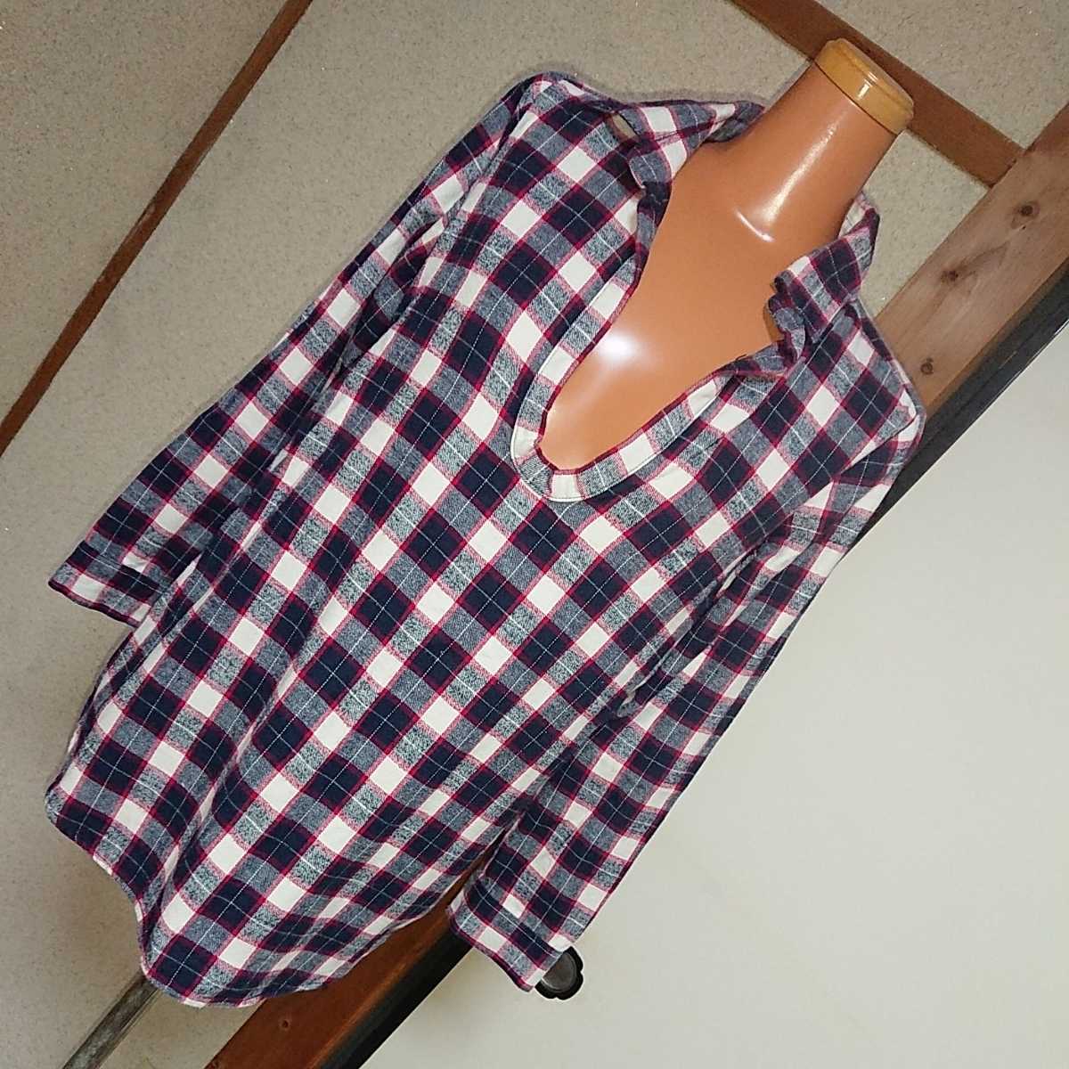 mysty woman/ミスティウーマン グラフチェック柄 セクシースキッパー カットソーシャツ M スキッパーチュニック トップス 拍卖