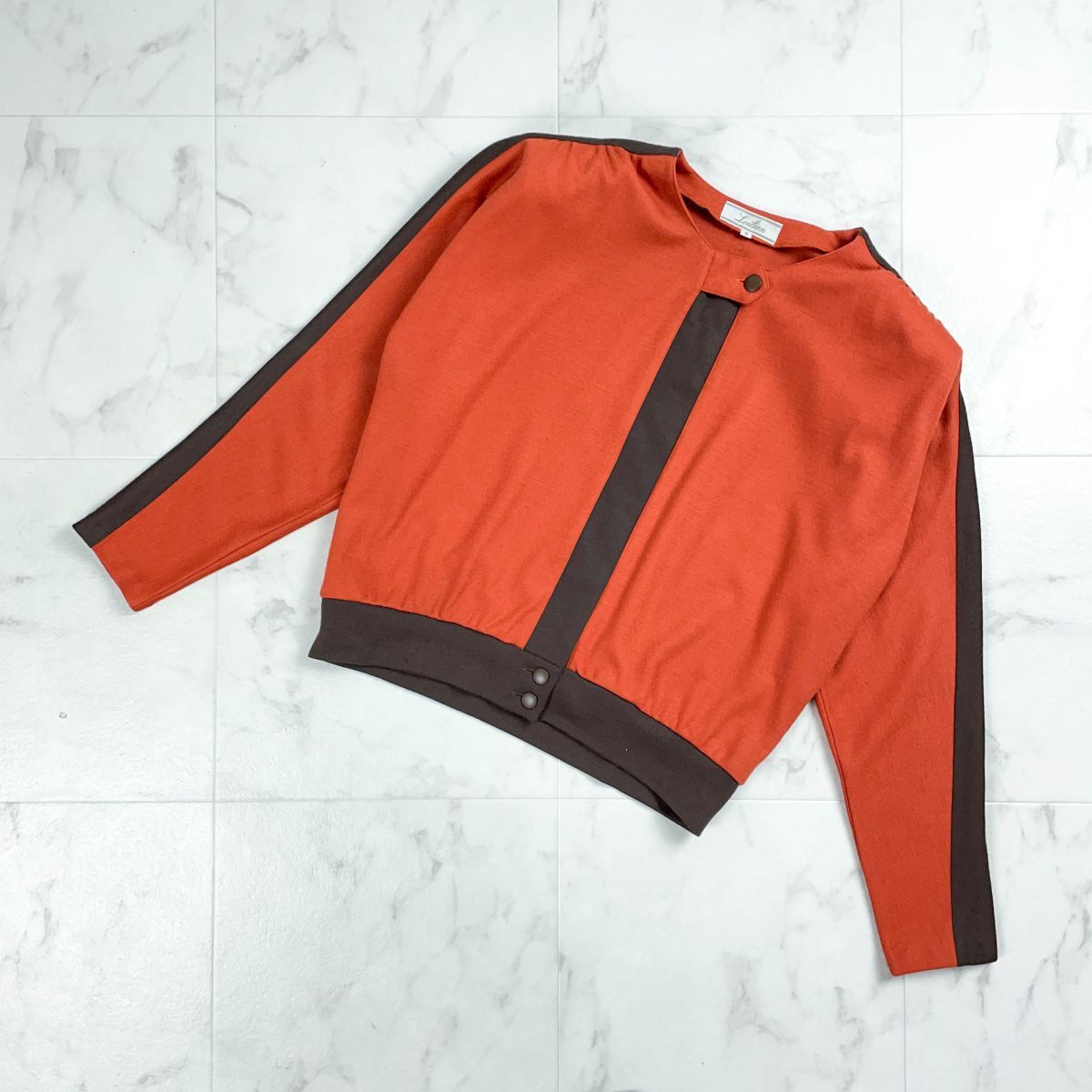 Leilian レリアン ドルマンニットジャケット ウール 薄手 切り替えデザイン ノーカラー オレンジ サイズ9*YC1517拍卖