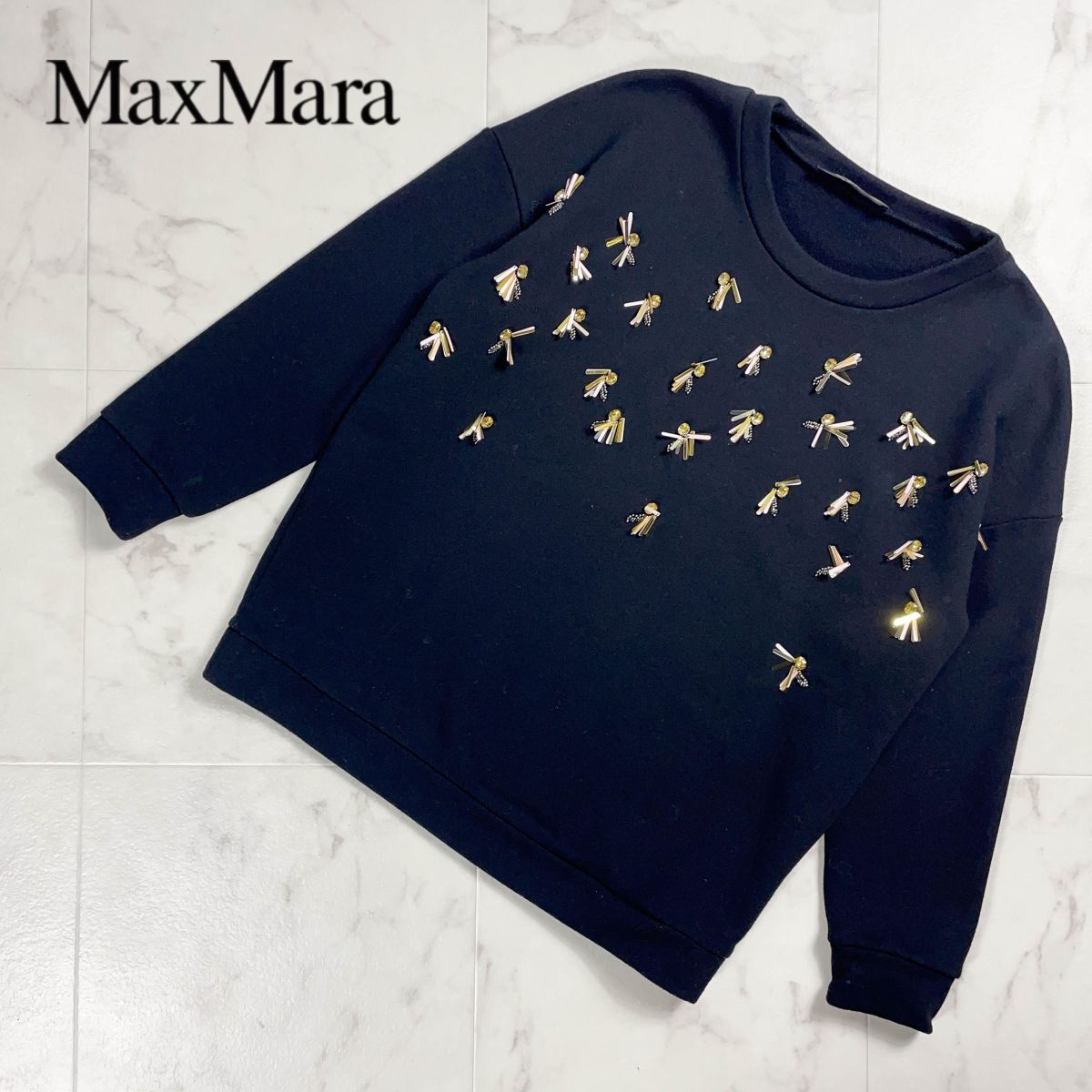 美品 MaxMara WEEKEND マックスマーラウィークエンド ビジュー付きスウェット 黒 ブラック レディース サイズM相当*YC159拍卖