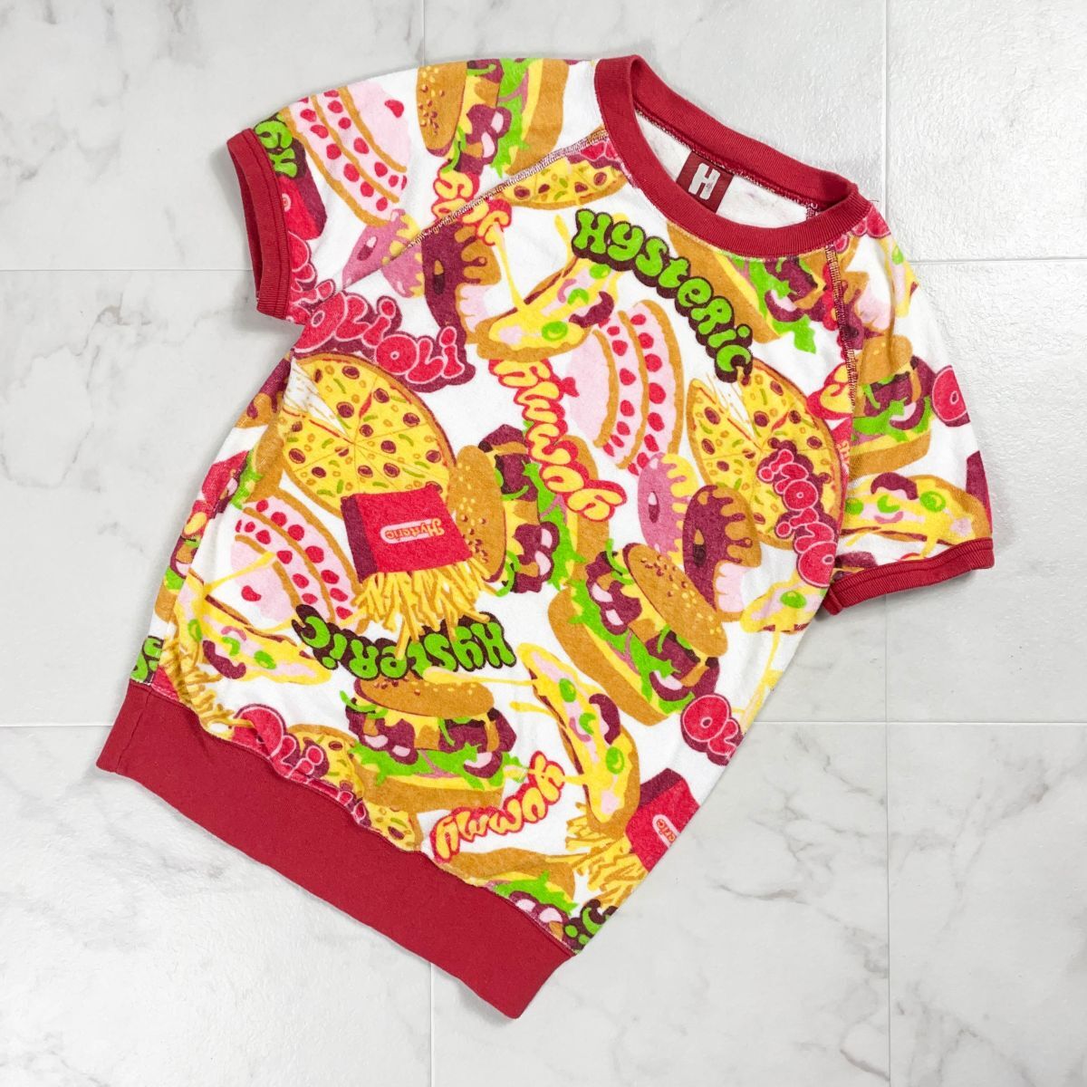 美品 HYSTERIC GLAMOUR ヒステリックグラマー 半袖パイル地Tシャツ ハンバーガー ポテト ピザ 総柄 コットン 白 赤 サイズF*YC185拍卖