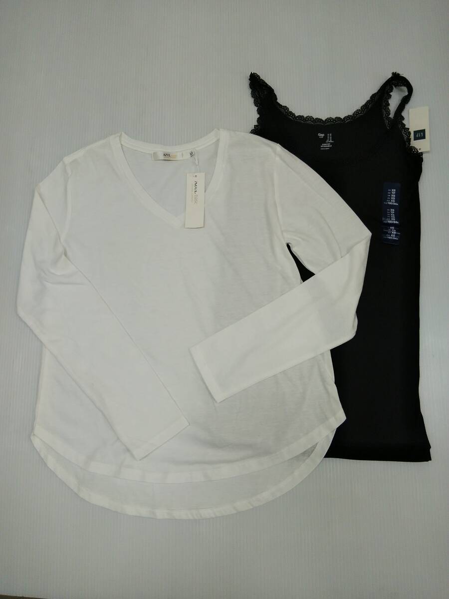 【再値下げ!即決!タグ付き!未使用!】★AZUL/アズール&Gap/ギャップ★長袖Tシャツ V首 白&タンクトップ レース 黒 サイズXS 2点セット拍卖