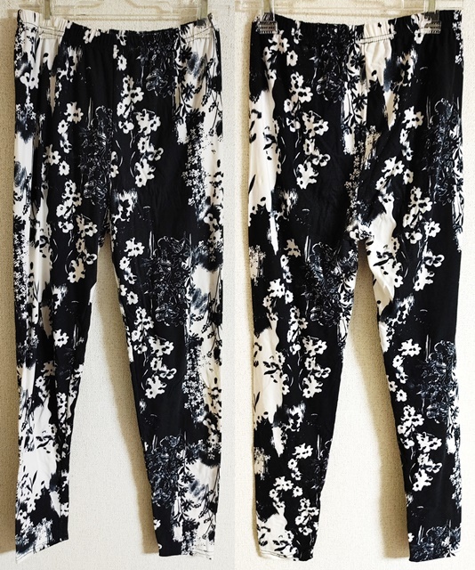 Lサイズ位 10分丈 スパッツ レギンス ストレッチ ヨガ 花柄 黒×白拍卖