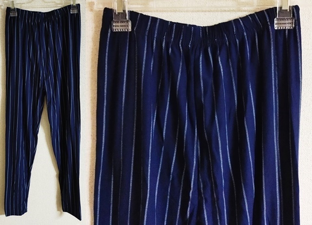 Lサイズ位 10分丈 スパッツ レギンス ストレッチ ヨガ ストライプ 紺色×白拍卖