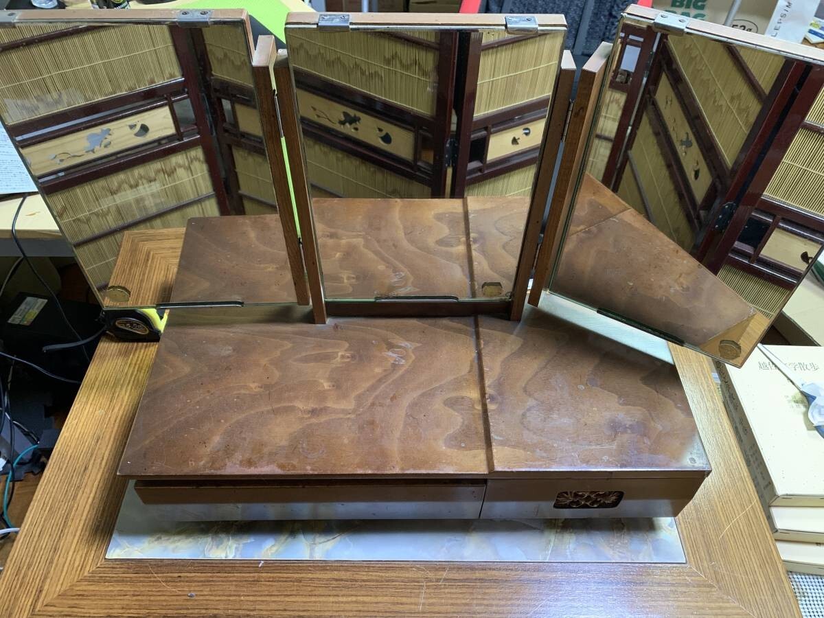 【超希少★当時物】アンティーク 昭和レトロ 三面鏡 化粧台 卓上サイズ 引出し チェスト 鏡 漆 古い 漆器 木製 #yof拍卖