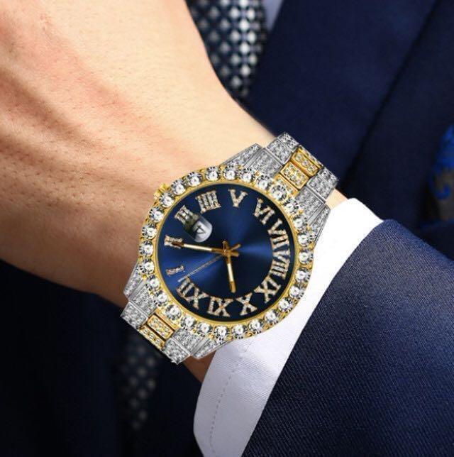 ゴージャスラインストーン腕時計 ブリンブリン デイカウント ブルー拍卖