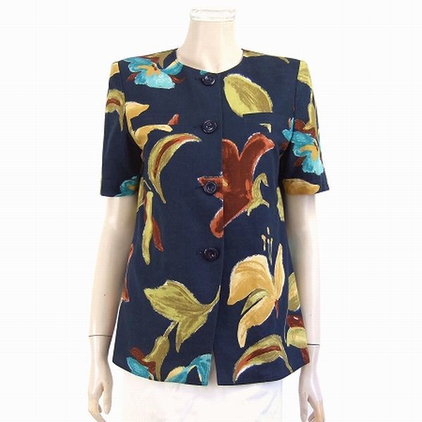 美品★ウンガロ*ungaro*麻(リネン混*モダン花柄*紺(ネイビー系*ノーカラー*半袖ジャケット*9号.Mサイズ.38拍卖