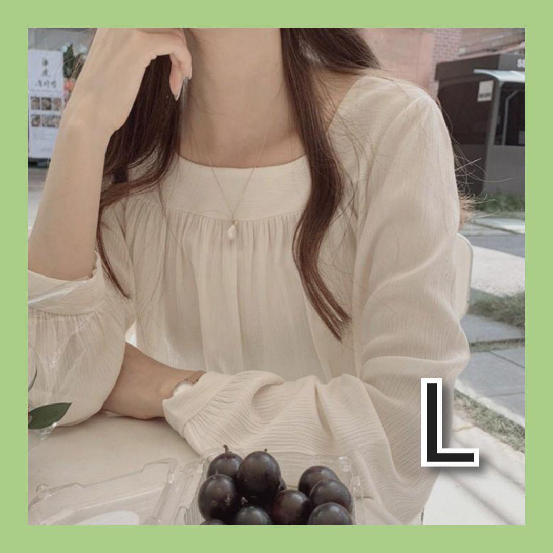 ふんわりシャツ ブラウス 柔らか シフォン スクエアネック オフィス カジュアル アイボリー L 普段使い レディース拍卖