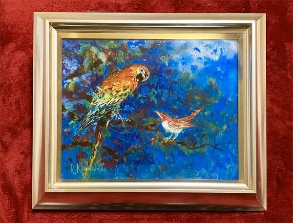 菊地信博●真作●きくち のぶひろ●ガラス絵 一点物■タイトル 小鳥■鮮やかな鳥たち■硝子に油彩■油彩画■油絵■ステンドグラス拍卖