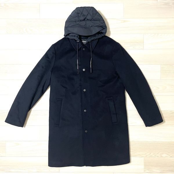新品 未使用 タグ付き アルマーニ EMPORIO ARMANI ウール カシミア フード(取外し可)付 ロングコート 黒系 定価25万 サイズ50(L相当)拍卖