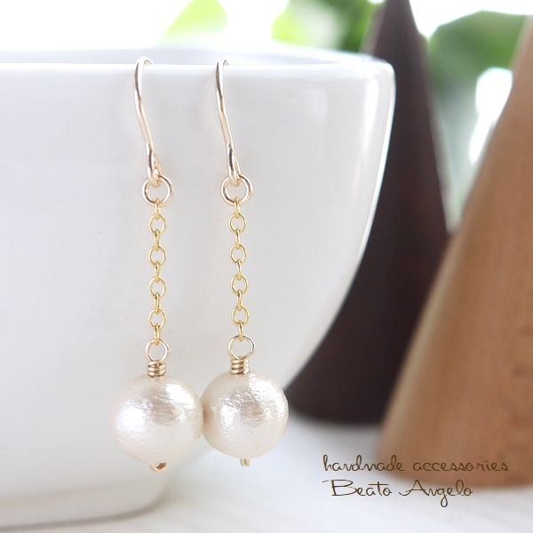 ◇◆+angelo+K14GF コットンパールのチェーンピアス(p-162)キスカ 8mm シンプル拍卖