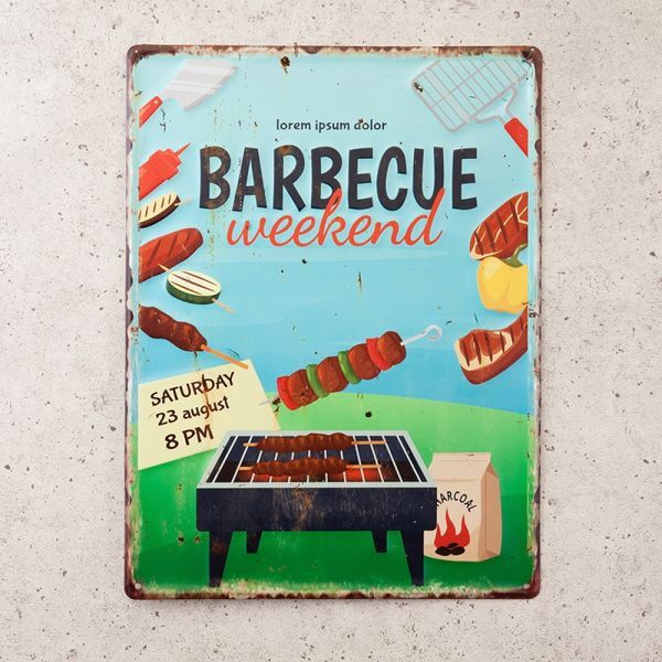 アンティークエンボスプレート BARBECUE weekend アメリカン雑貨 店舗 壁掛 インテリア 飾り オブジェ かわいい おしゃれ拍卖