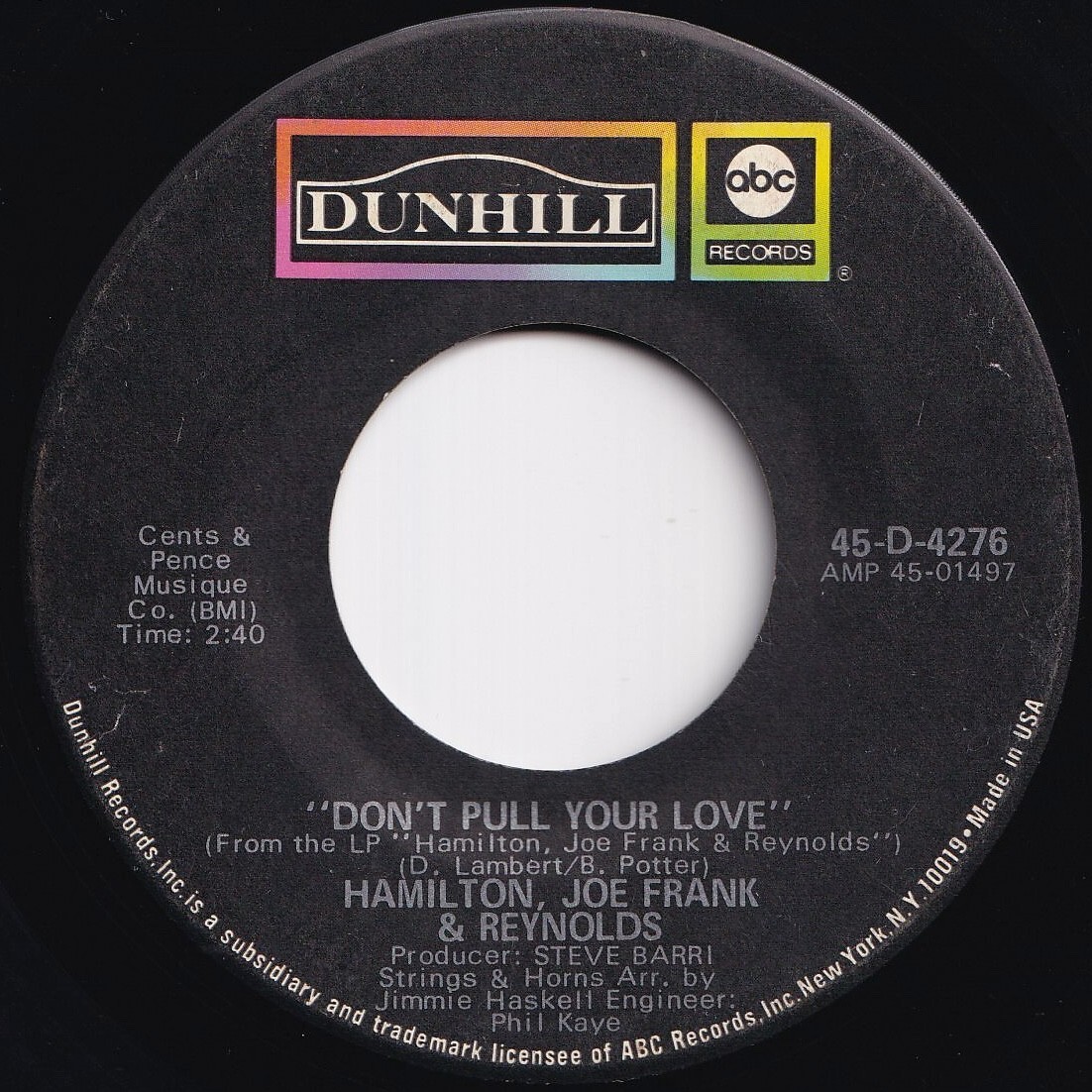 Hamilton, Joe Frank & Reynolds Don't Pull Your Love / Funk-In-Wagnal Dunhill US 45-D-4276 210314 ロック ポップ レコード 7インチ 45拍卖