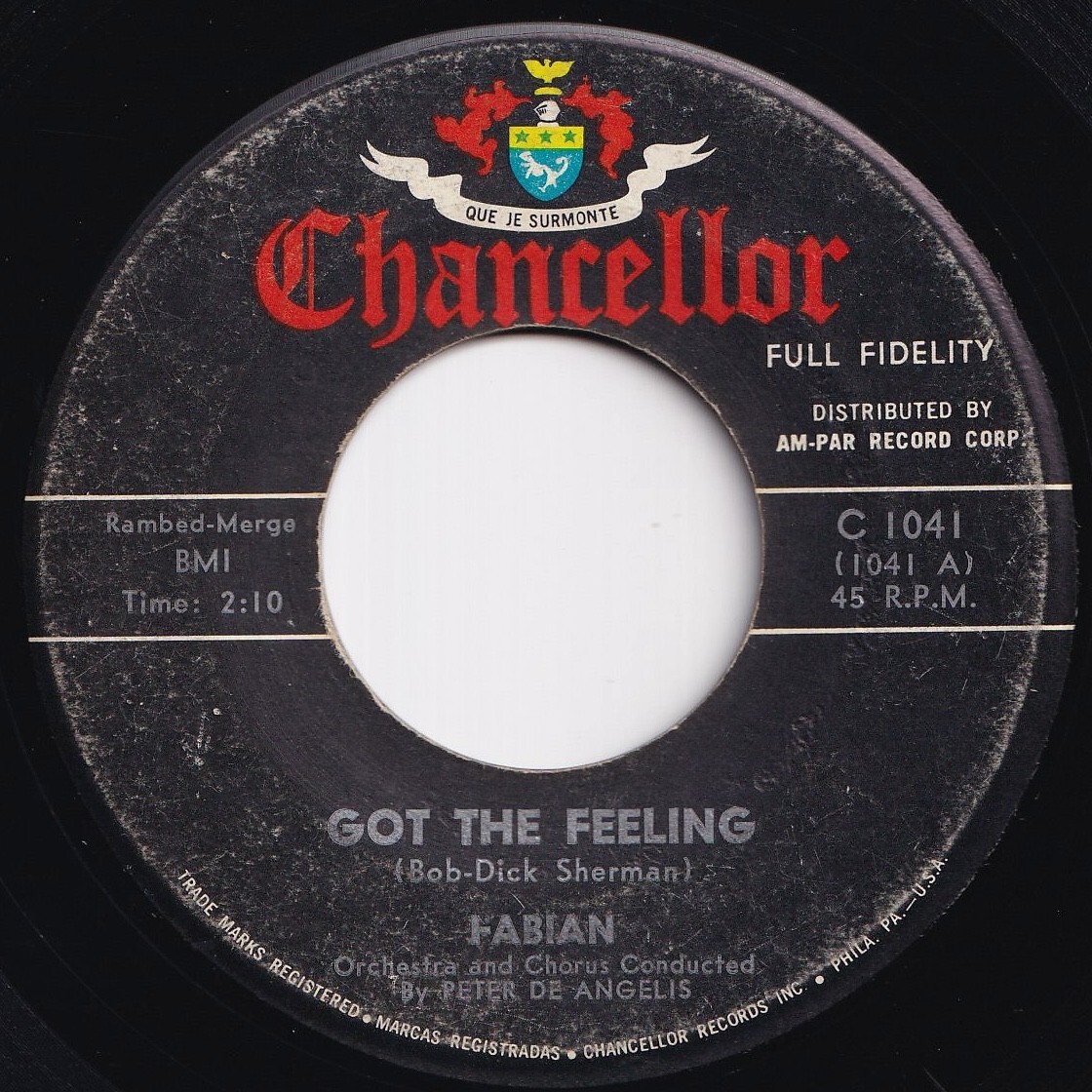 Fabian Got The Feeling / Come On And Get Me Chancellor US C-1041 210344 R&B R&R レコード 7インチ 45拍卖