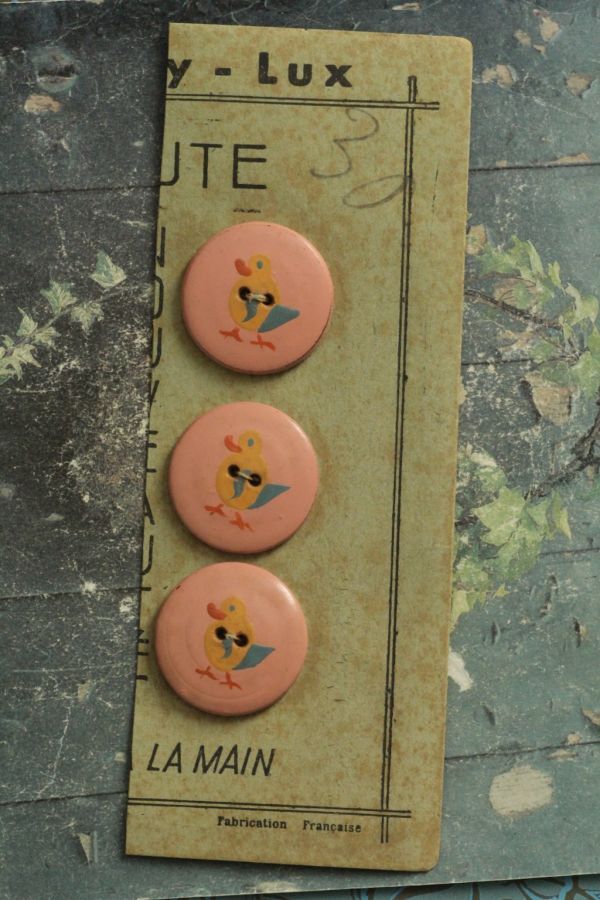 即決 ハンドペイント ウッドボタン 3個 φ26mm 木製 鳥 パーツ フランス輸入 ヴィンテージ拍卖