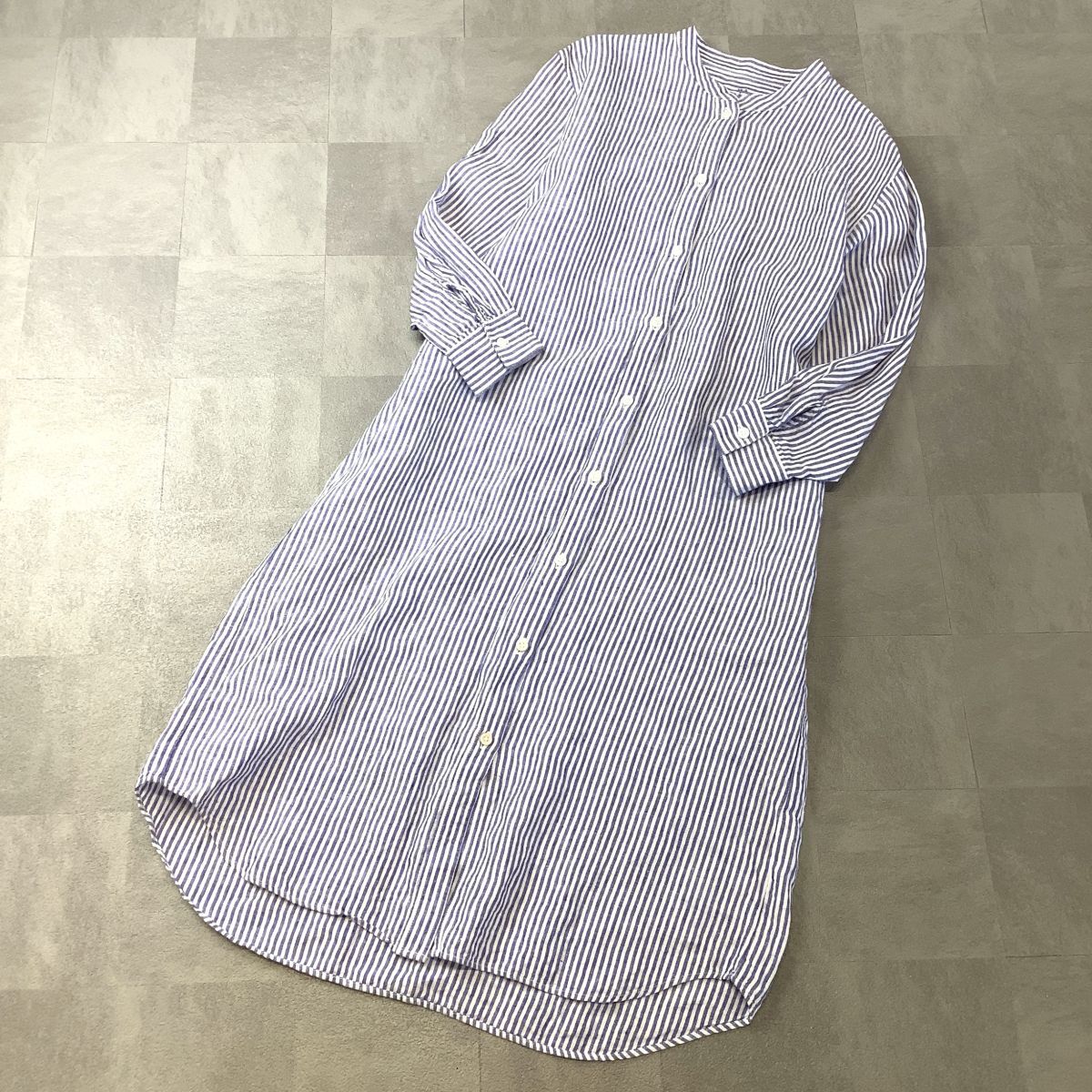 【爽やかなリネン100%】 良品 無印良品 MUJI ストライプ リネン ロングワンピース レディース XS〜S ブルー拍卖