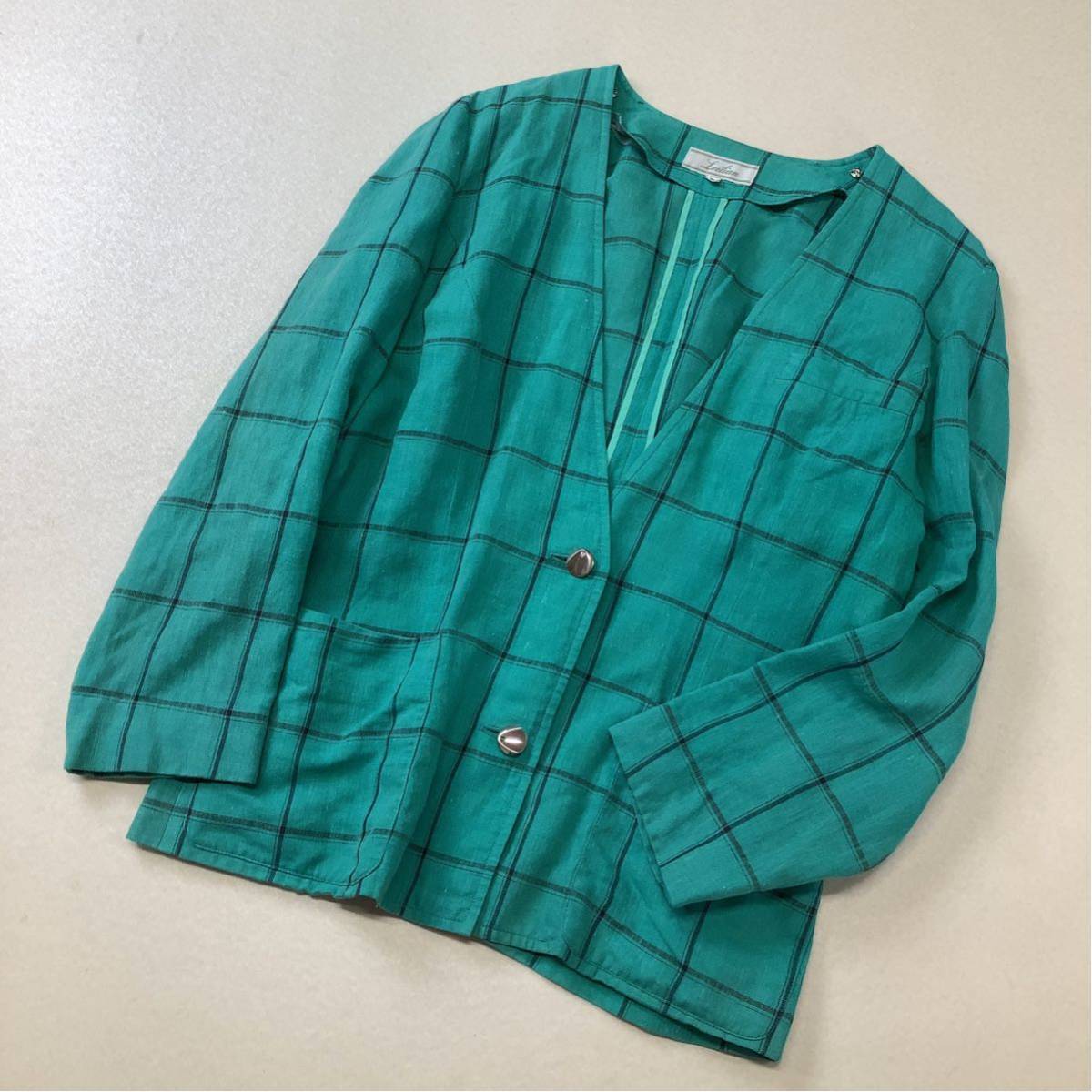 【爽やかなリネン】Leilian レリアン リネン混 ノーカラー ジャケット トレンドカラー グリーン レディース 9 M拍卖