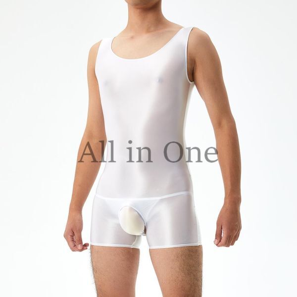 169-176-24 メンズ ツヤツヤ オープン ボディスーツ【ホワイト,XLサイズ】男性 コスプレ 光沢 エロ サテン セクシー ジャンプスーツ .1拍卖