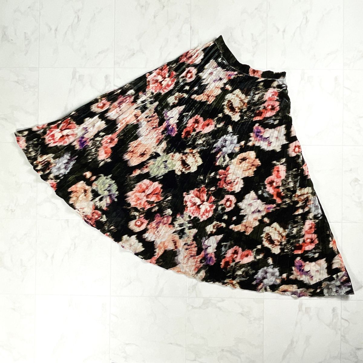 美品 ベロア総柄プリーツスカート 裏地付 ロング丈 イージースカート 黒 ブラック サイズS*ZC89拍卖
