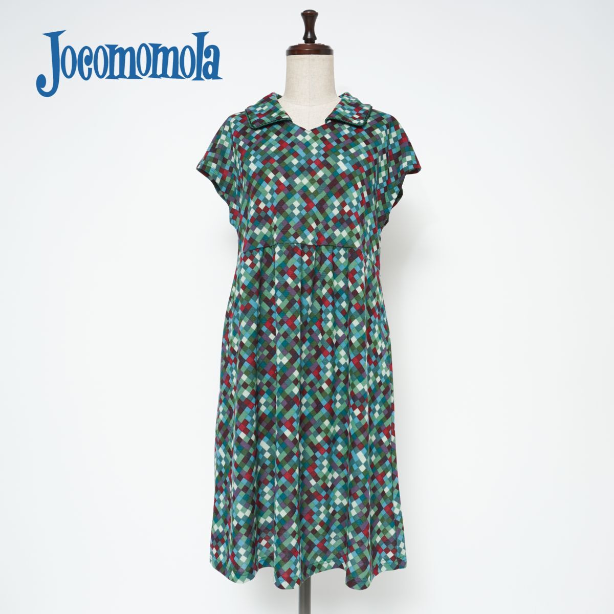 Jocomomola ホコモモラ フレンチスリーブ総柄ワンピース スキッパー レディース 緑 グリーン サイズ40*ZC437拍卖