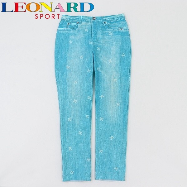 ◆LEONARD SPORT レオナール ストレッチ デニムジーンズ柄 プリント レギンス パンツ スパッツ 水色 40拍卖