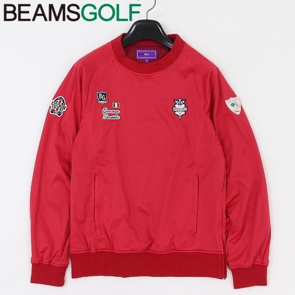 美品◆BEAMS GOLF PURPLE LABEL ビームス ゴルフ 防風 プラクティス ロゴ ワッペン付 プルオーバー ジャケット 赤 レッド S拍卖