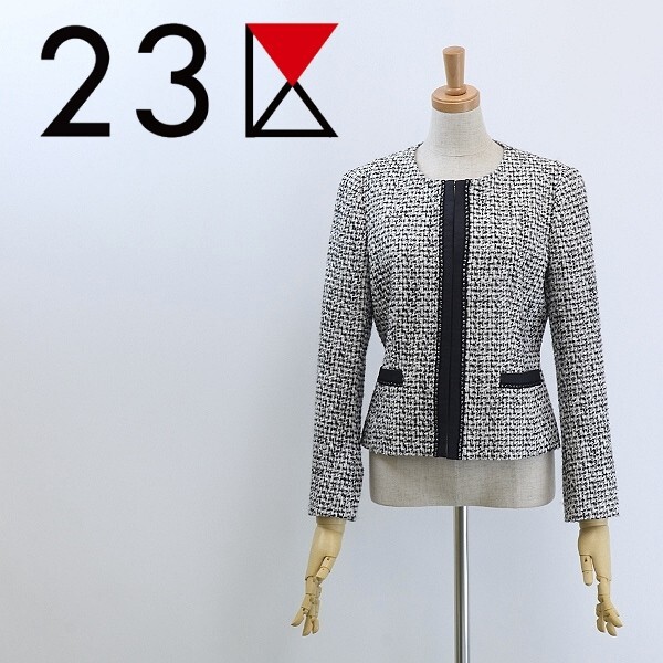 美品◆23区 ラメ混 ツイード テープ使い ノーカラー ジャケット ブラック×ホワイト 38拍卖