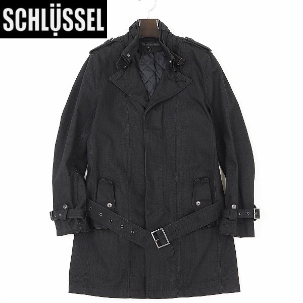 ◆SCHLUSSEL シュリセル ストレッチ ヘリンボーン柄 中綿ライナー付 ベルテッド コート 黒 ブラック 3拍卖