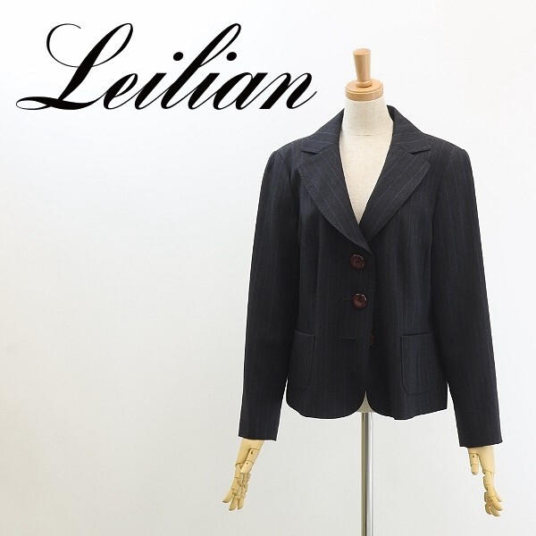 美品◆Leilian レリアン ストライプ柄 ウール 3釦 ジャケット チャコール 13+ 大きいサイズ拍卖