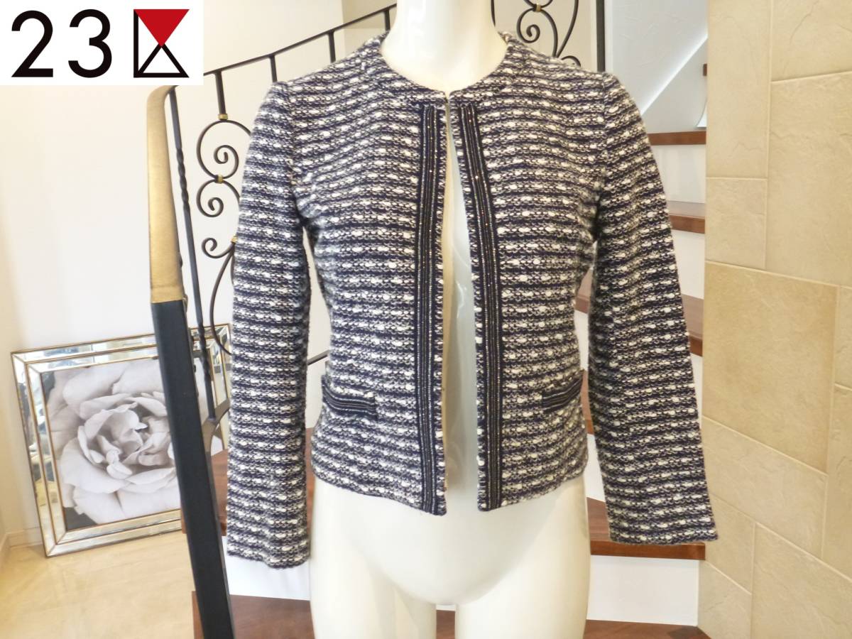 3万 美品 23区 オンワード樫山★濃紺×白 ノーカラージャケット 32 S相当拍卖