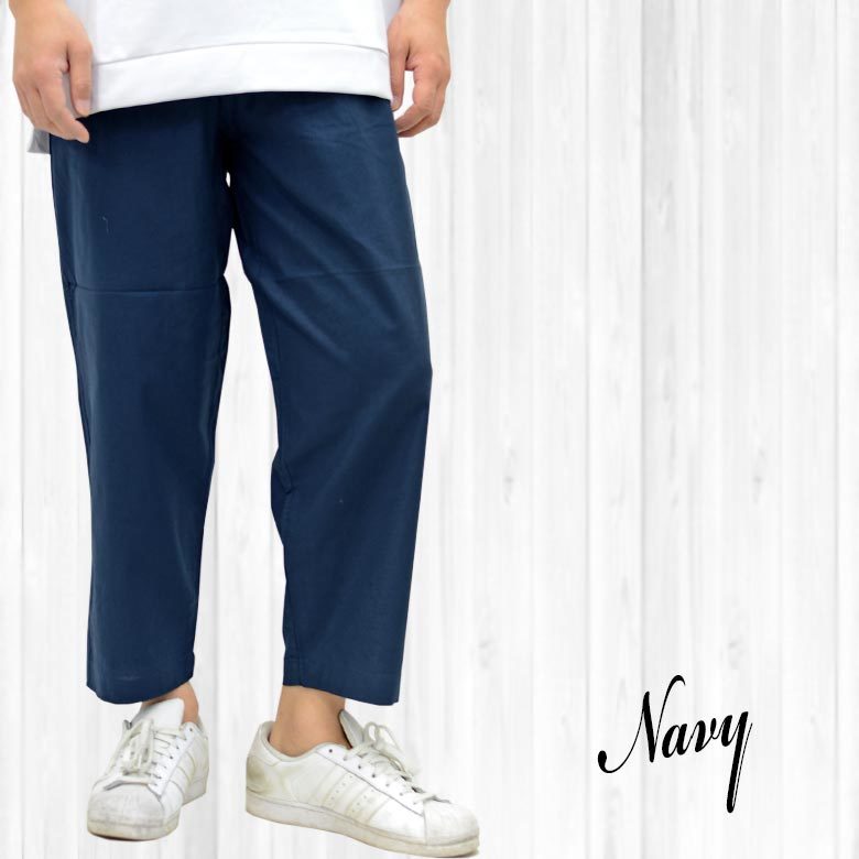 綿麻無地アンクル丈テーパードストレッチワイドパンツイージーパンツ10341新品ネイビーLL拍卖