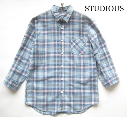 美品!!STUDIOUS ステュディオス*7分袖チェック柄シャツ M サックスブルー系拍卖