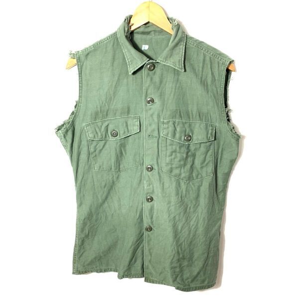 ■ボロ 70年製 アメリカ軍 コットン サテン カットオフ ユーティリティ シャツ 古着 アメカジ 軍物 ミリタリー カーキ オリーブ■拍卖