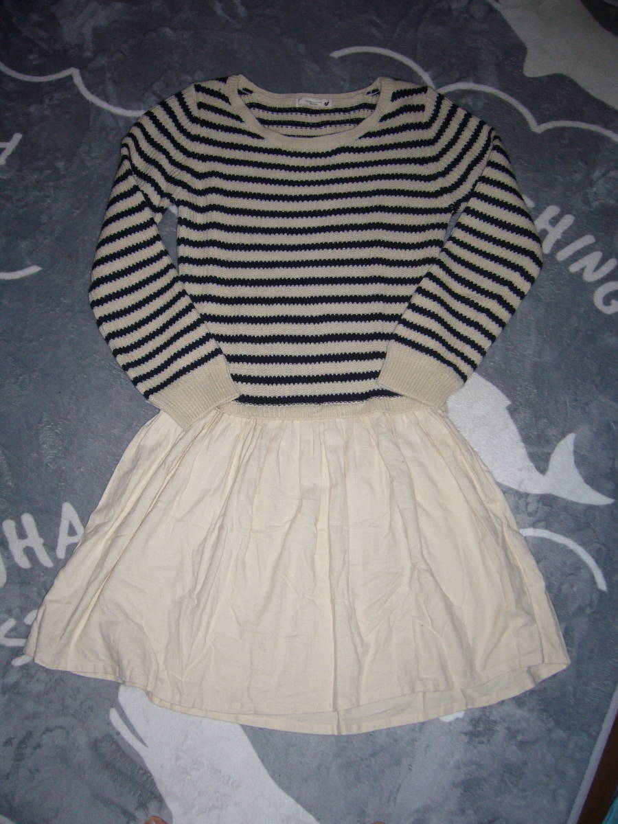 495-77♀:earth music&ecology アースミュージックアンドエコロジー 切り替えワンピース 色.クリーム 紺ボーダー size.F レディース 拍卖