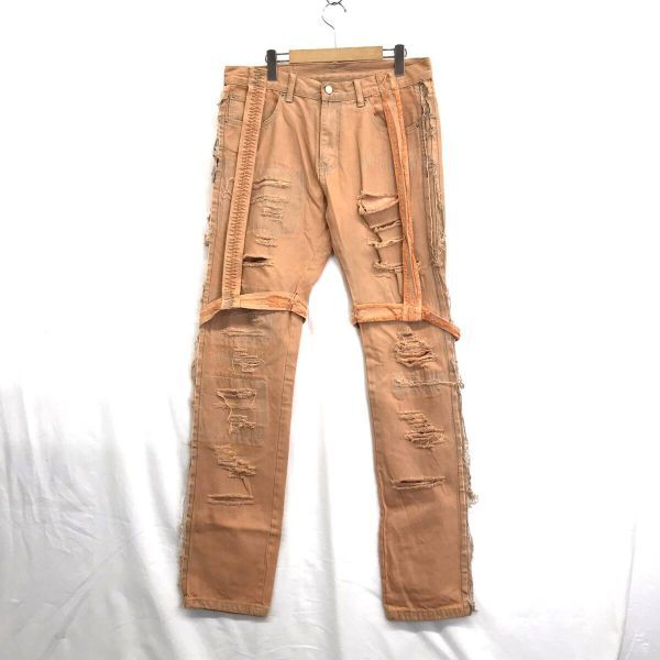 KZ8177★mnml : ダメージ加工 ボンテージデニムパンツ★34★オレンジ系 y2k クラッシュ ミニマル拍卖