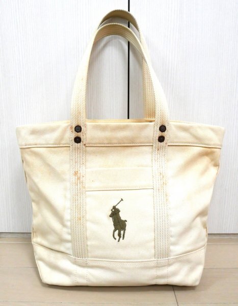 POLO ポロ ラルフローレン ★ キャンバス バッグ・帆布 バッグ・トートバッグ ★ ポニーマーク刺しゅう入り ★ ホワイト拍卖